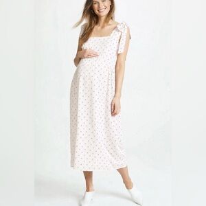 Hatch Maternity Kate Bow Tie Shoulder Square Neck White Print Midi Dress Size XS